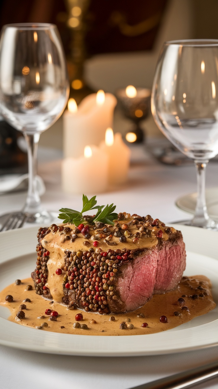 Steak au Poivre with creamy peppercorn sauce on an elegant dining table.